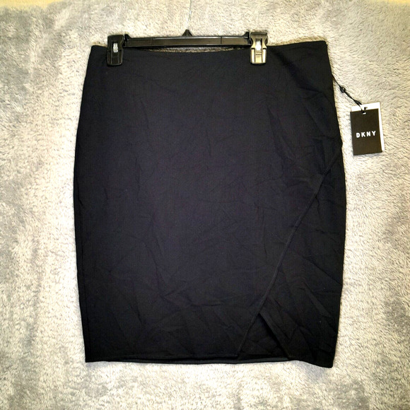 DKNY Womens Ponte Knit Mini Skirt Pencil Navy Blue Faux Wrap Stretch SZ 12 1524 - Picture 1 of 14